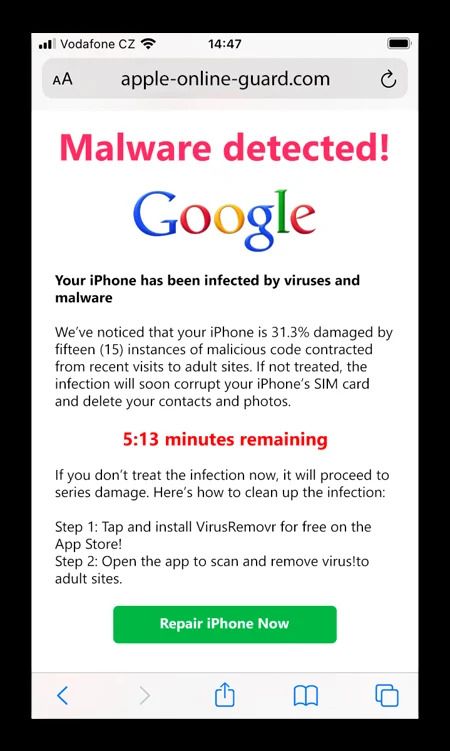   Uma imagem de um smartphone exibindo uma página falsa de alerta de vírus, alegando "Malware detectado!" e afirmando que o iPhone está infectado com vírus e malware