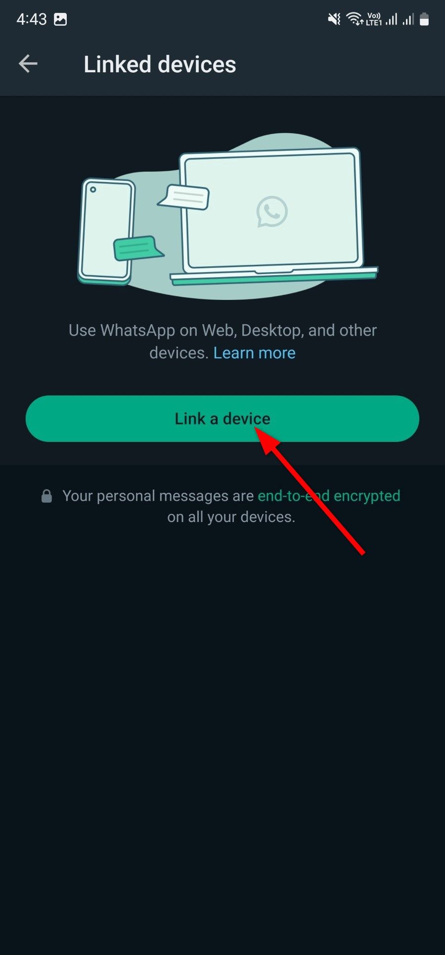 Captura de tela mostrando como vincular um dispositivo no WhatsApp