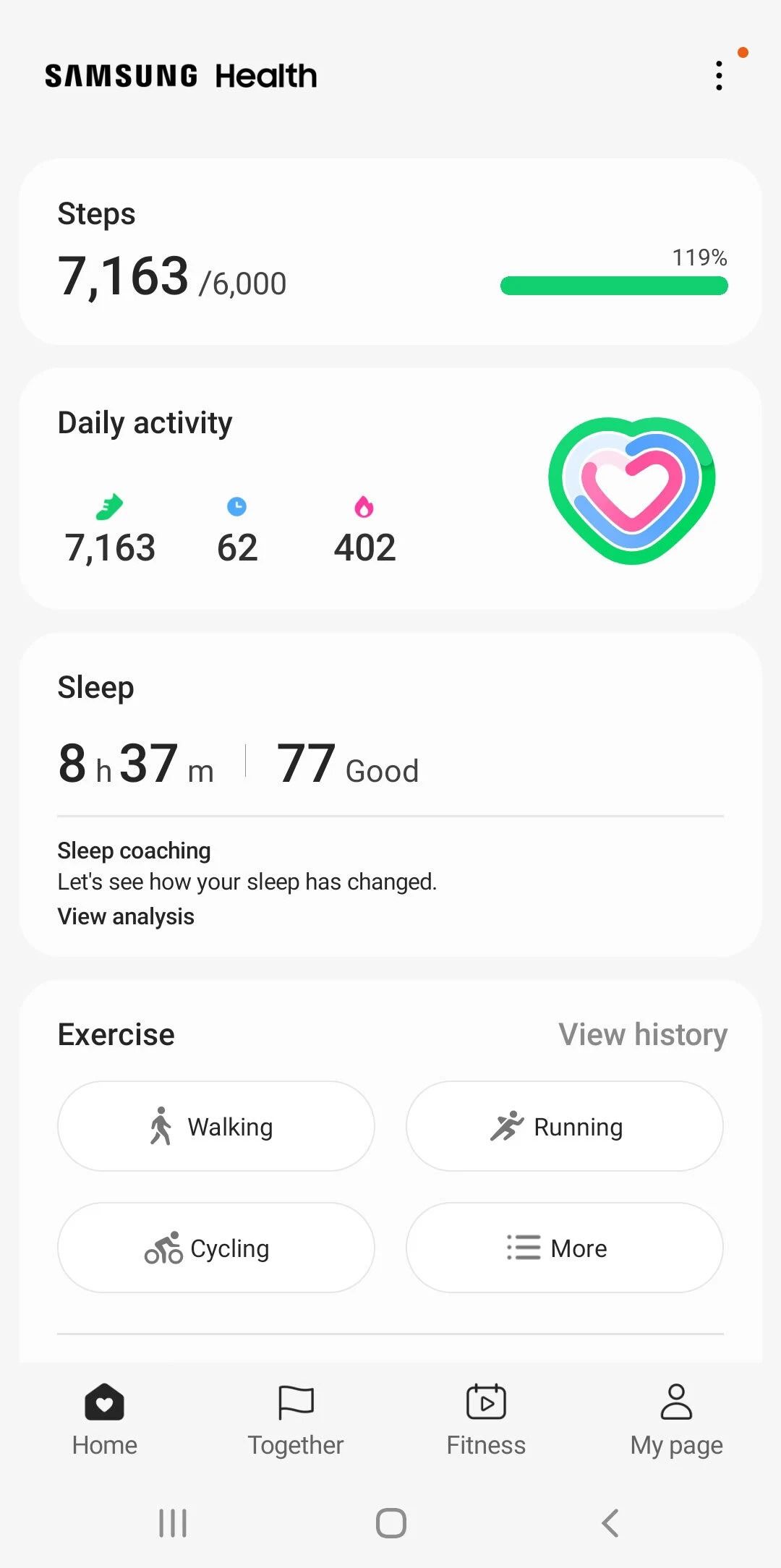 estatísticas diárias de saúde da Samsung para sono, passos e atividade cardíaca