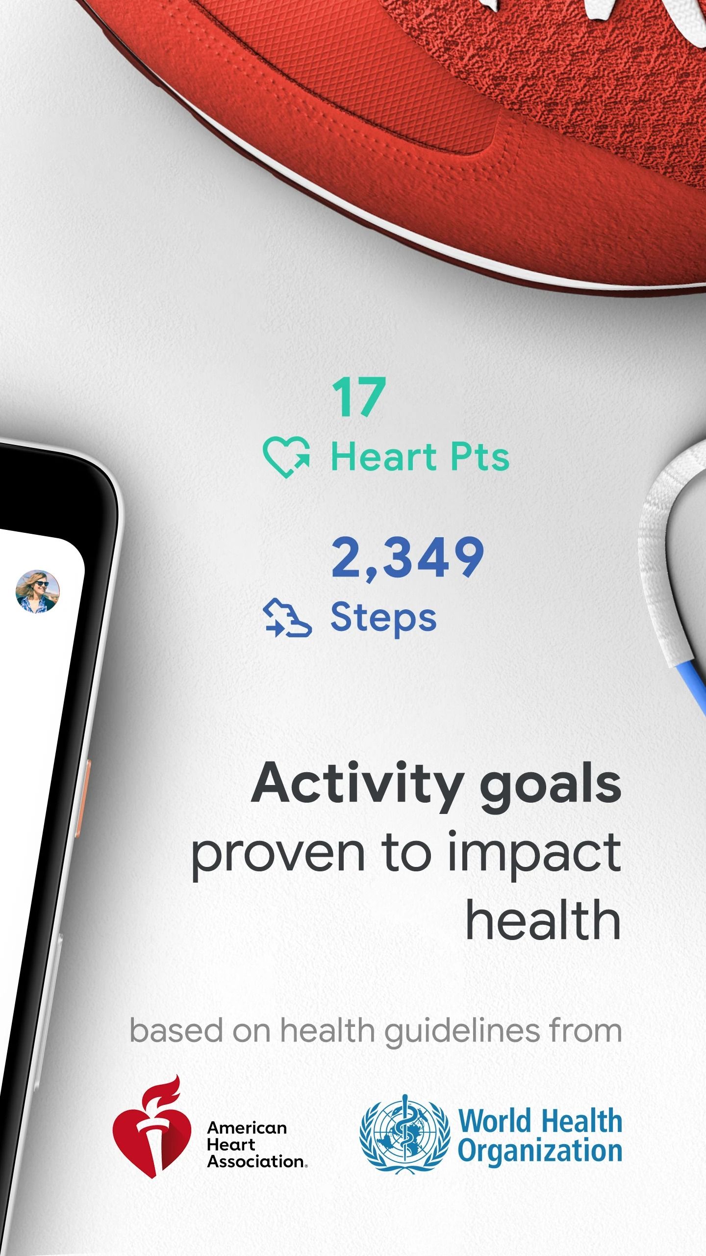 etapas do Google Fit e pontos cardíacos com logotipos da American Heart Association e da Organização Mundial de Saúde