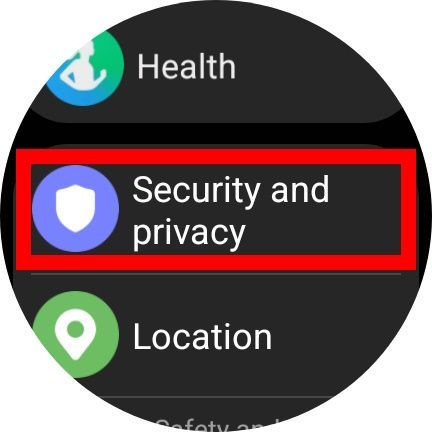contorno de retângulo vermelho sobre segurança e privacidade exibido em um Samsung Galaxy Watch 6