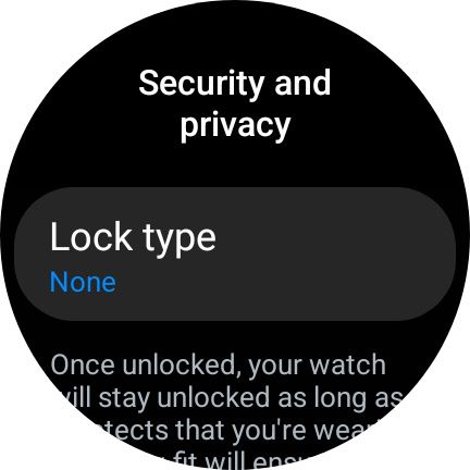 configuração de segurança e privacidade definida como nenhuma para o tipo de bloqueio no Samsung Galaxy Watch 6