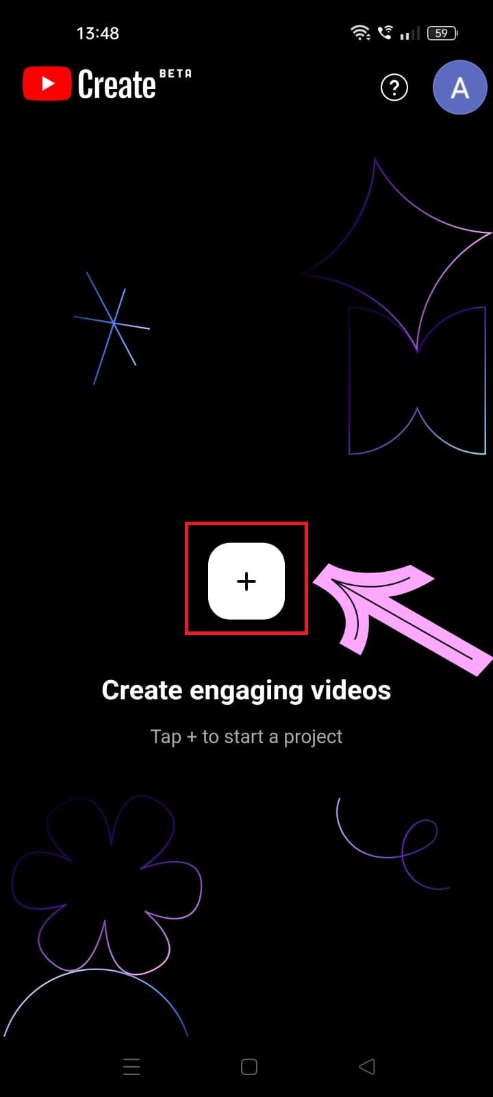 Captura de tela destacando o botão + no aplicativo YouTube Create