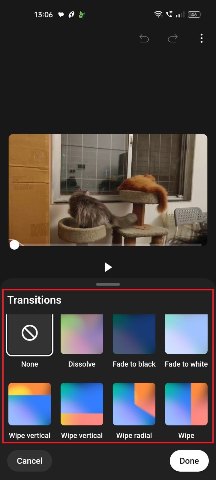 Captura de tela destacando as opções de transição no aplicativo YouTube Create