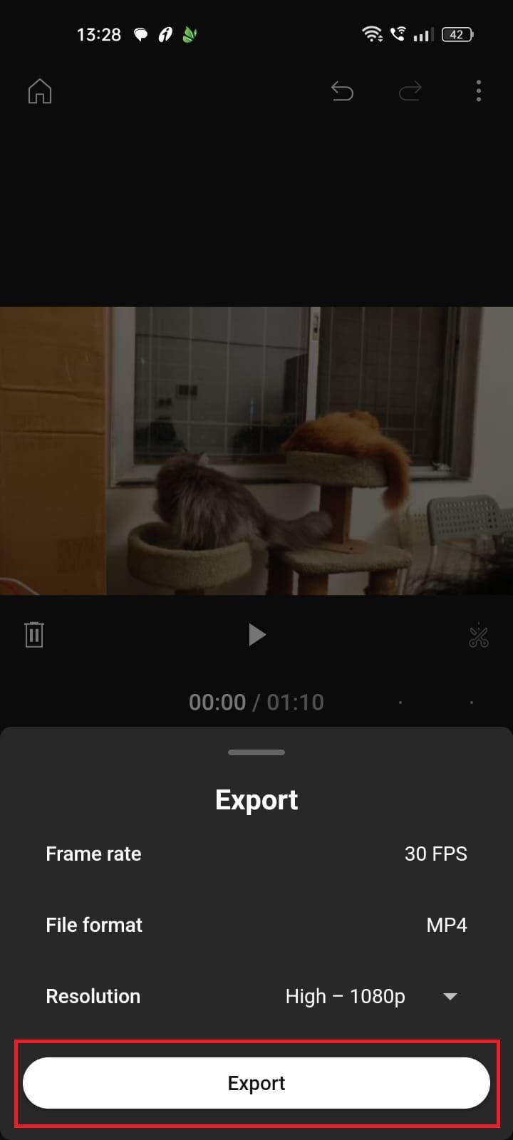 Captura de tela mostrando o botão Exportar no aplicativo YouTube Create
