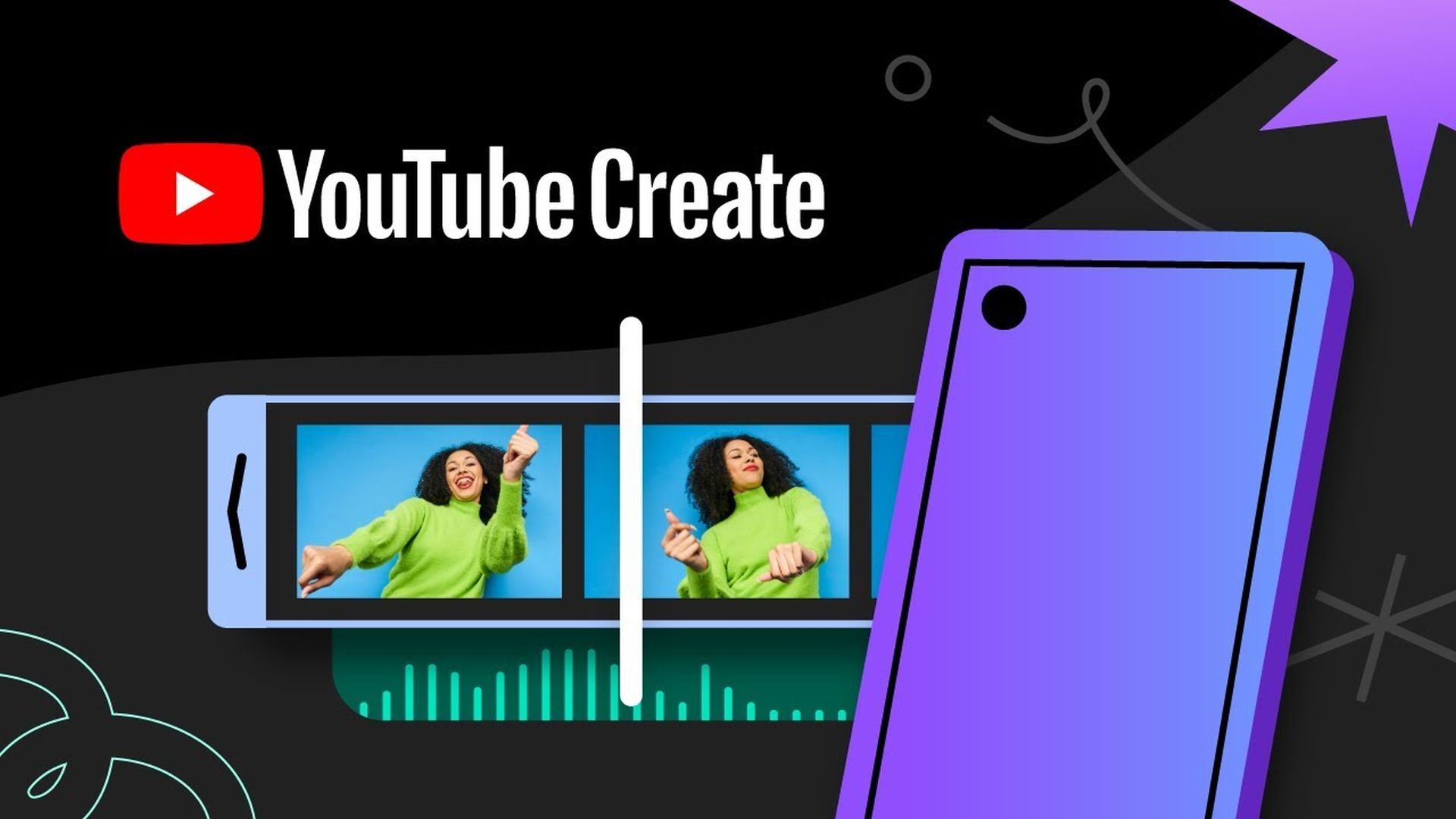 O logotipo do YouTube Create acima da imagem de uma mulher dançando de verde
