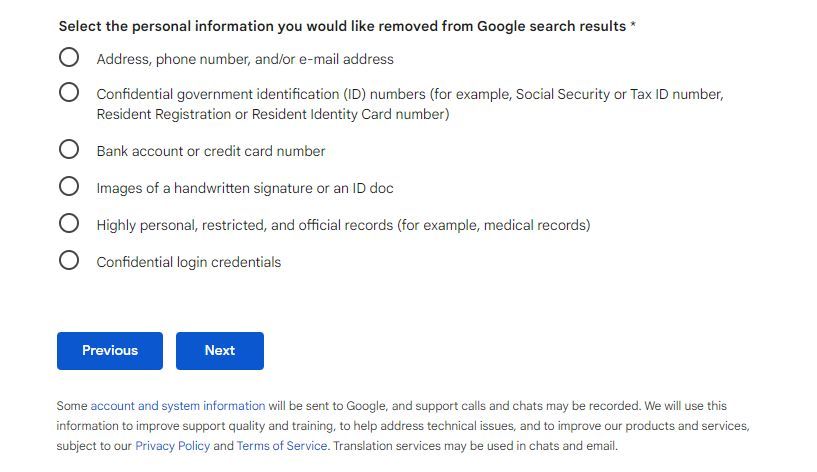 Captura de tela mostrando a opção Próximo no formulário de remoção de conteúdo do Google