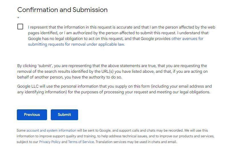 Captura de tela mostrando o botão Enviar no formulário de remoção de conteúdo do Google
