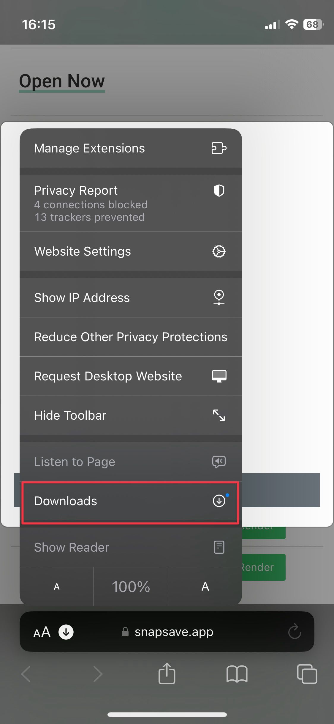 Captura de tela da opção de menu do botão de download