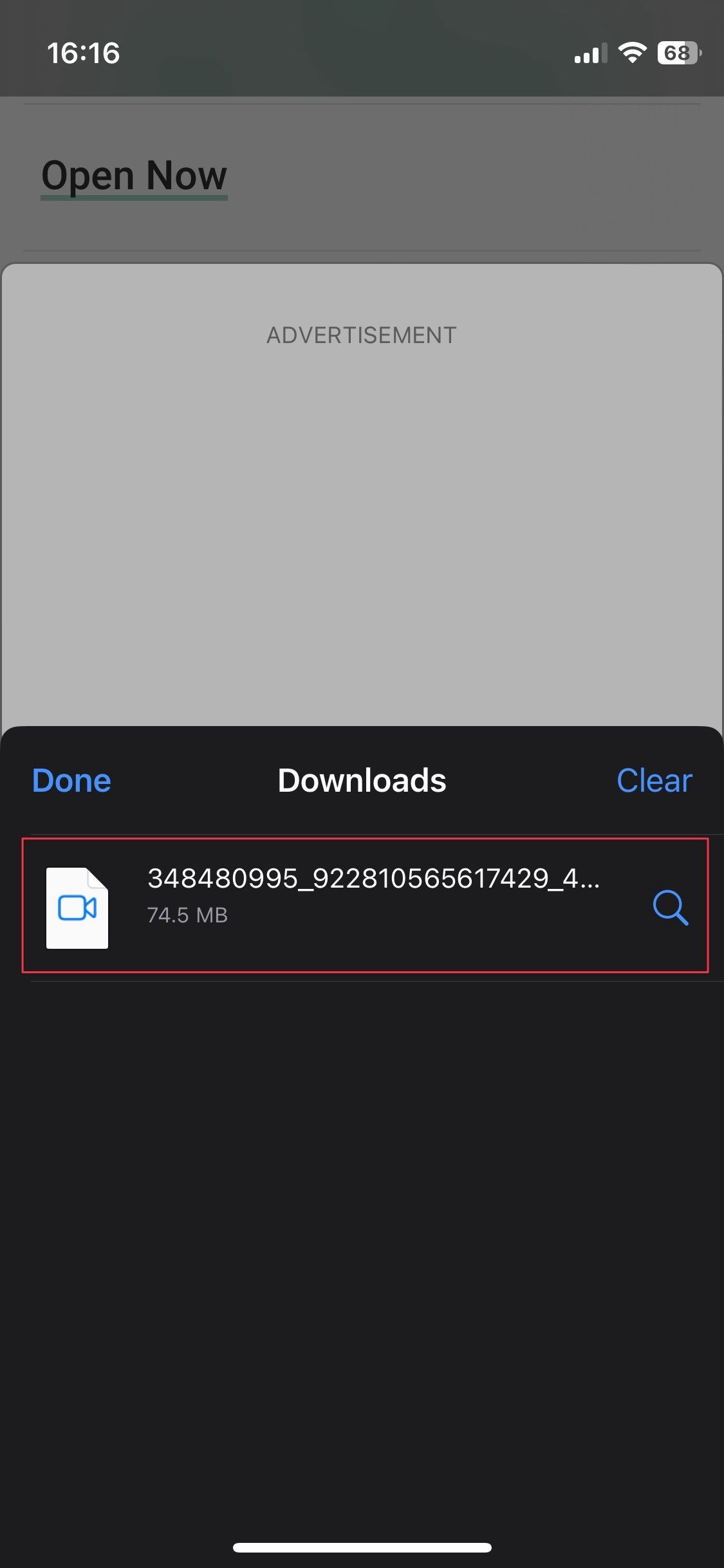Captura de tela do Safari mostrando o vídeo baixado