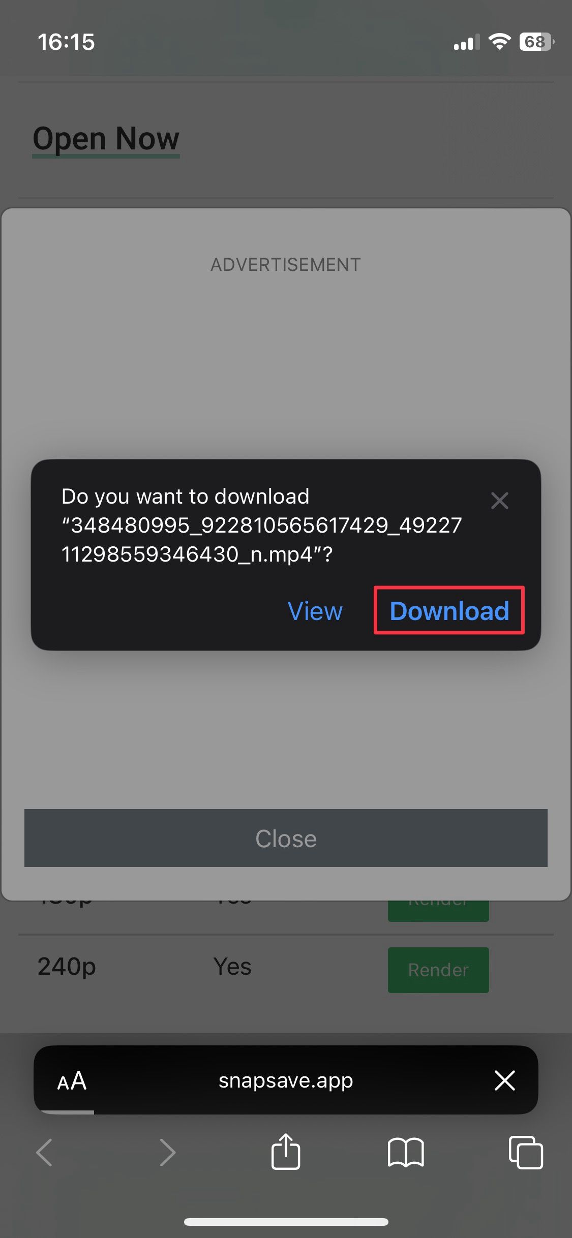 Captura de tela mostrando a opção de download da janela pop-up