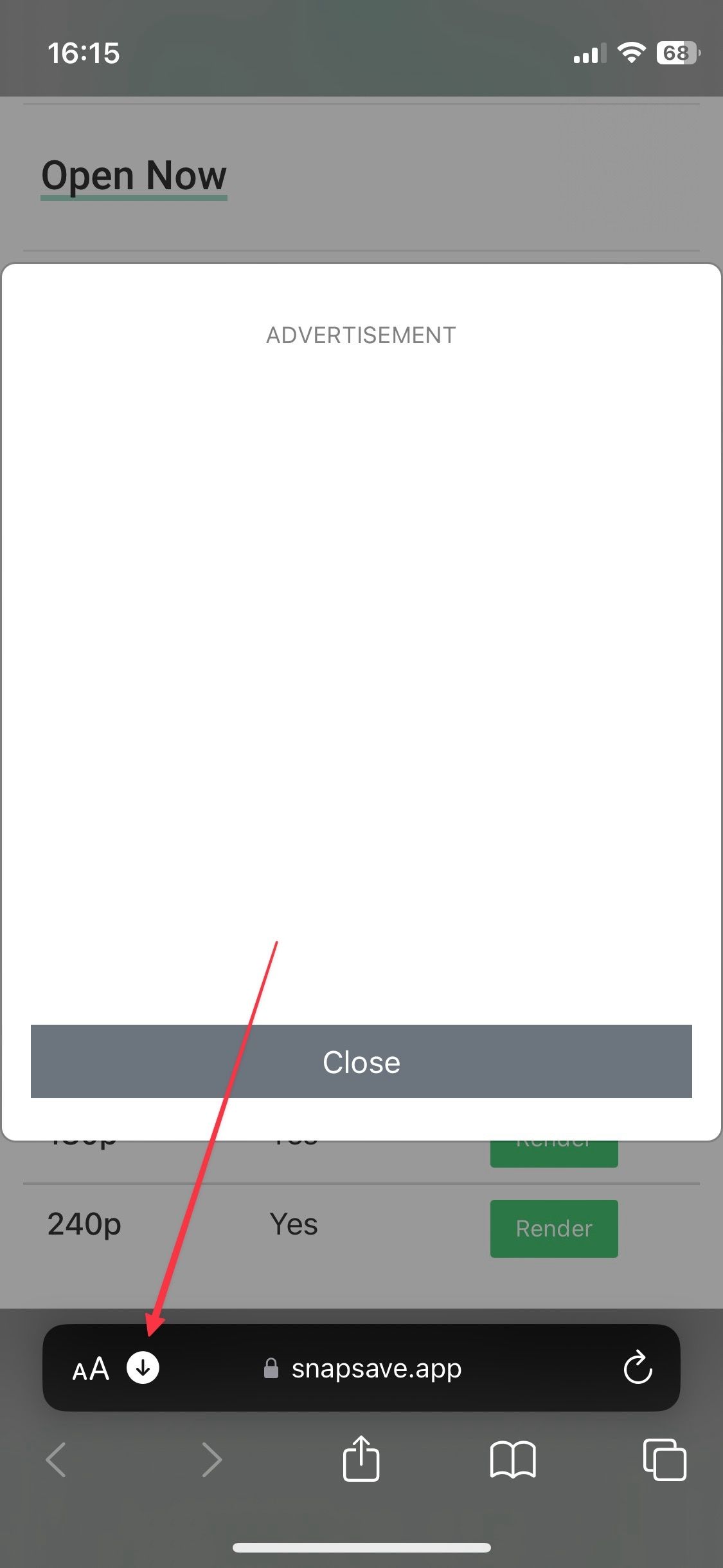 Captura de tela do Safari mostrando o botão de download