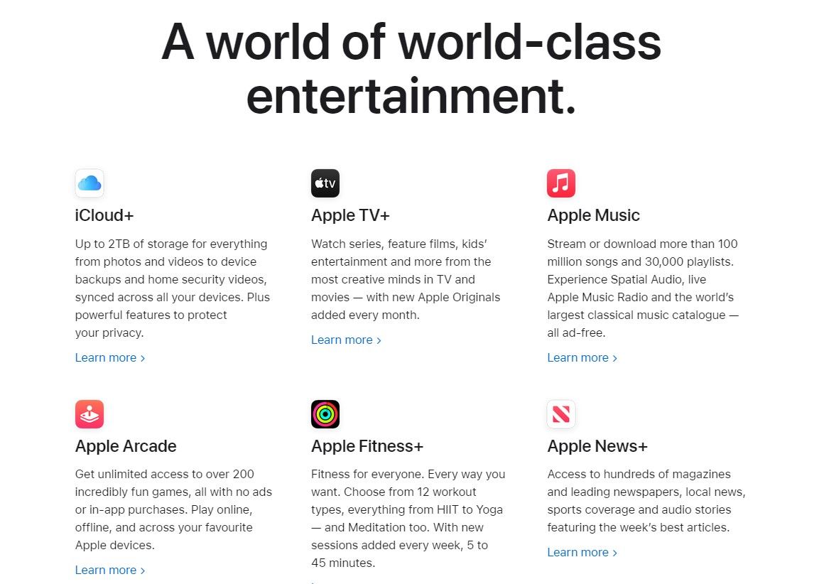 Uma captura de tela da página de assinatura do Apple One mostrando todos os serviços que o acompanham.