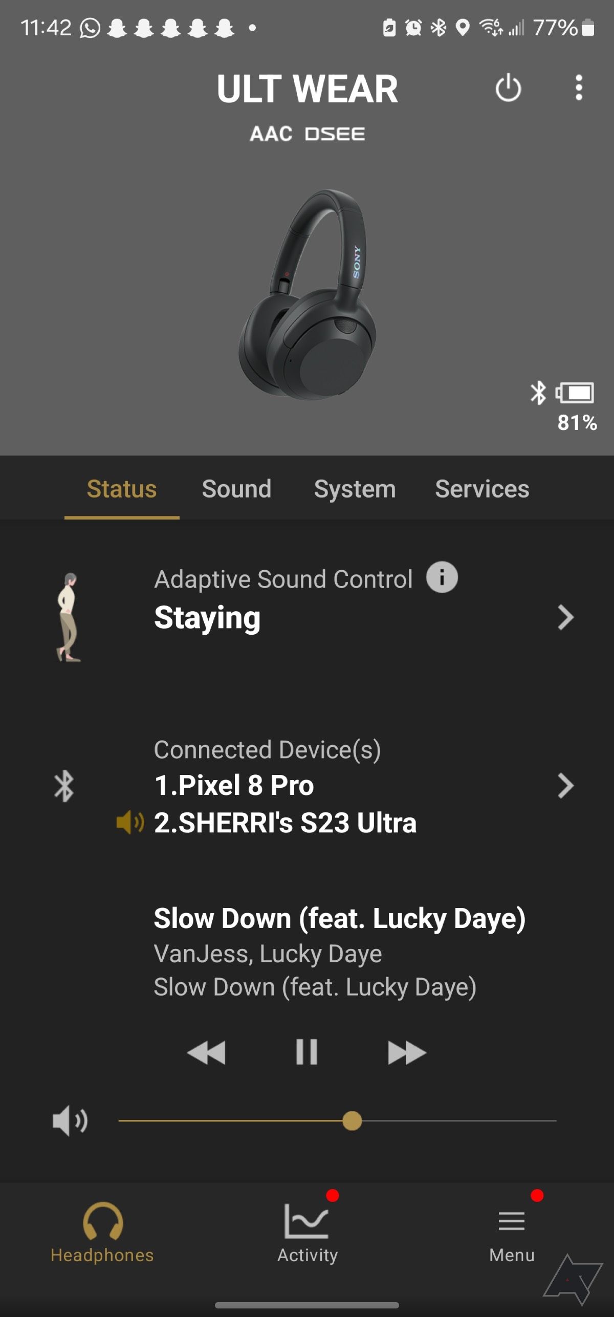 Captura de tela da página principal do aplicativo Sony Headphone