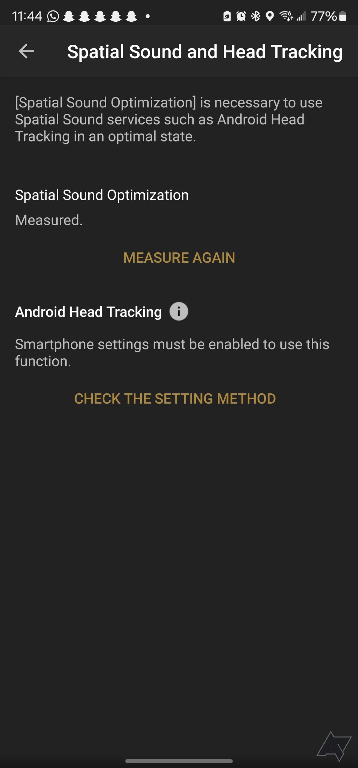 Captura de tela das configurações de áudio espacial no aplicativo Sony Headphones