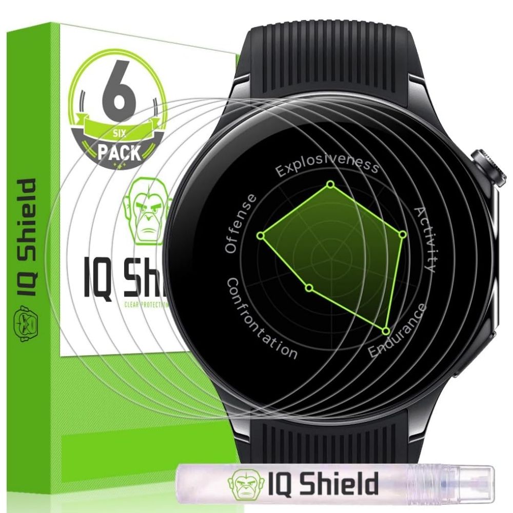Filme transparente IQShield para OnePlus Watch 2 ao lado da embalagem