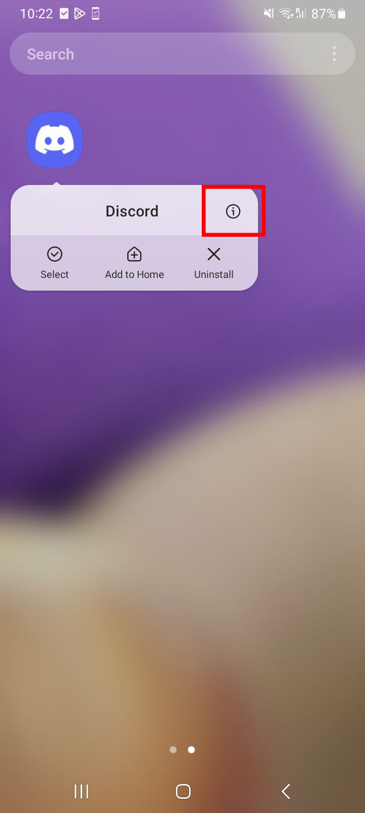 Uma tela do Android exibindo o aplicativo Discord com opções para selecionar, adicionar à página inicial ou desinstalar