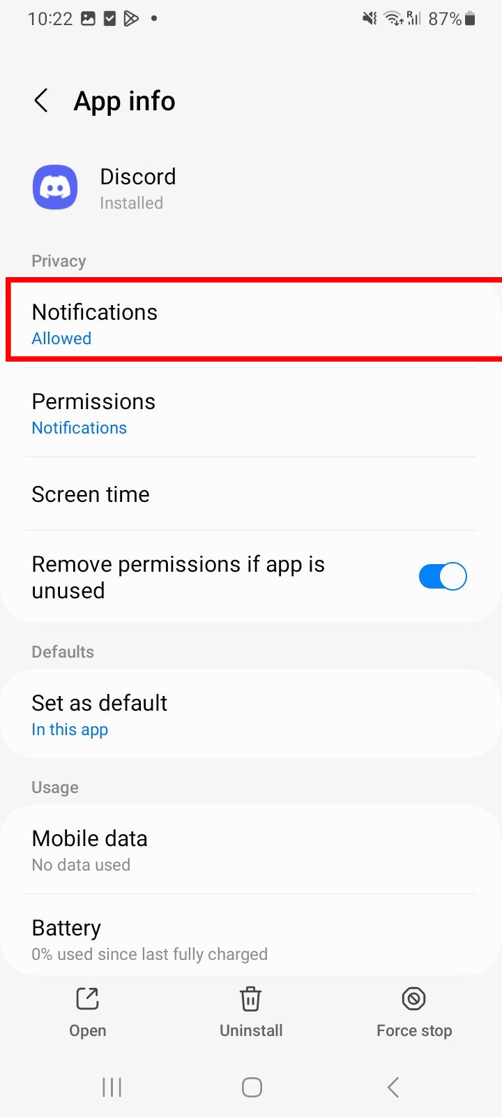 Informações do aplicativo Discord do Android para Discord, com notificações em destaque