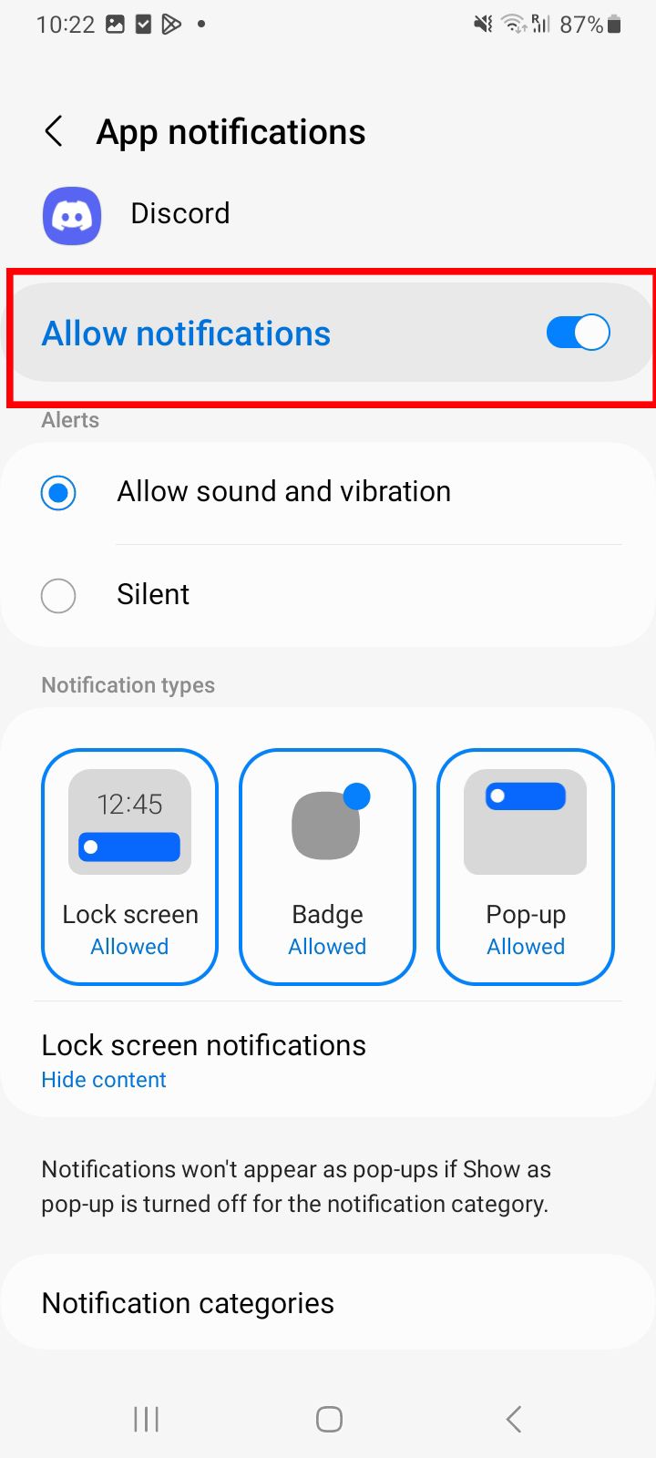   Configurações do Android mostrando notificações do aplicativo Discord ativadas com opções de estilos de alerta