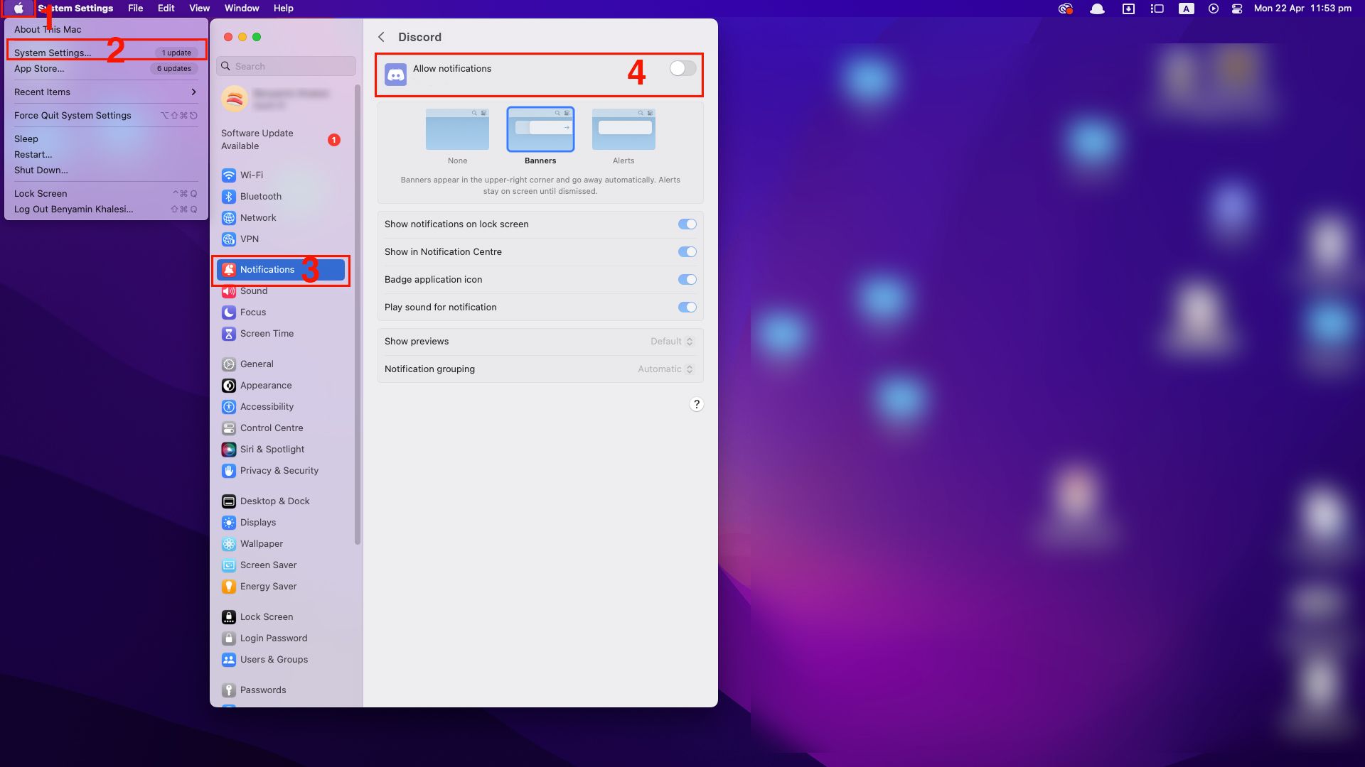 Uma captura de tela do Mac exibindo as configurações do sistema para notificações do Discord, que estão desativadas.