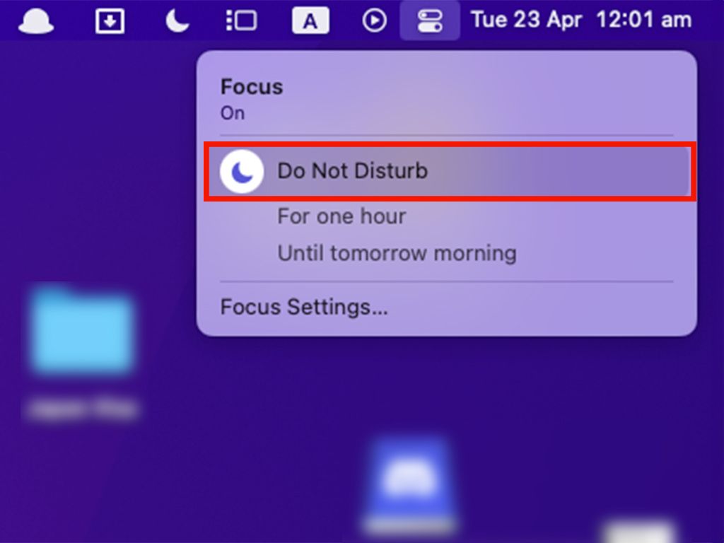 Um painel de notificação do Mac com modo ‘Não perturbe’ ativado