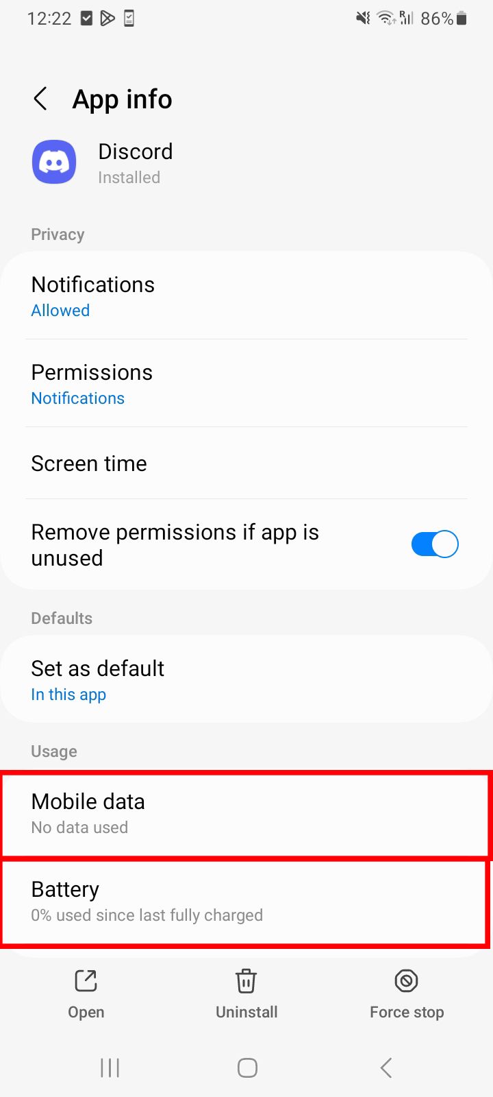 Tela de informações do aplicativo Android para Discord destacando bateria e dados móveis