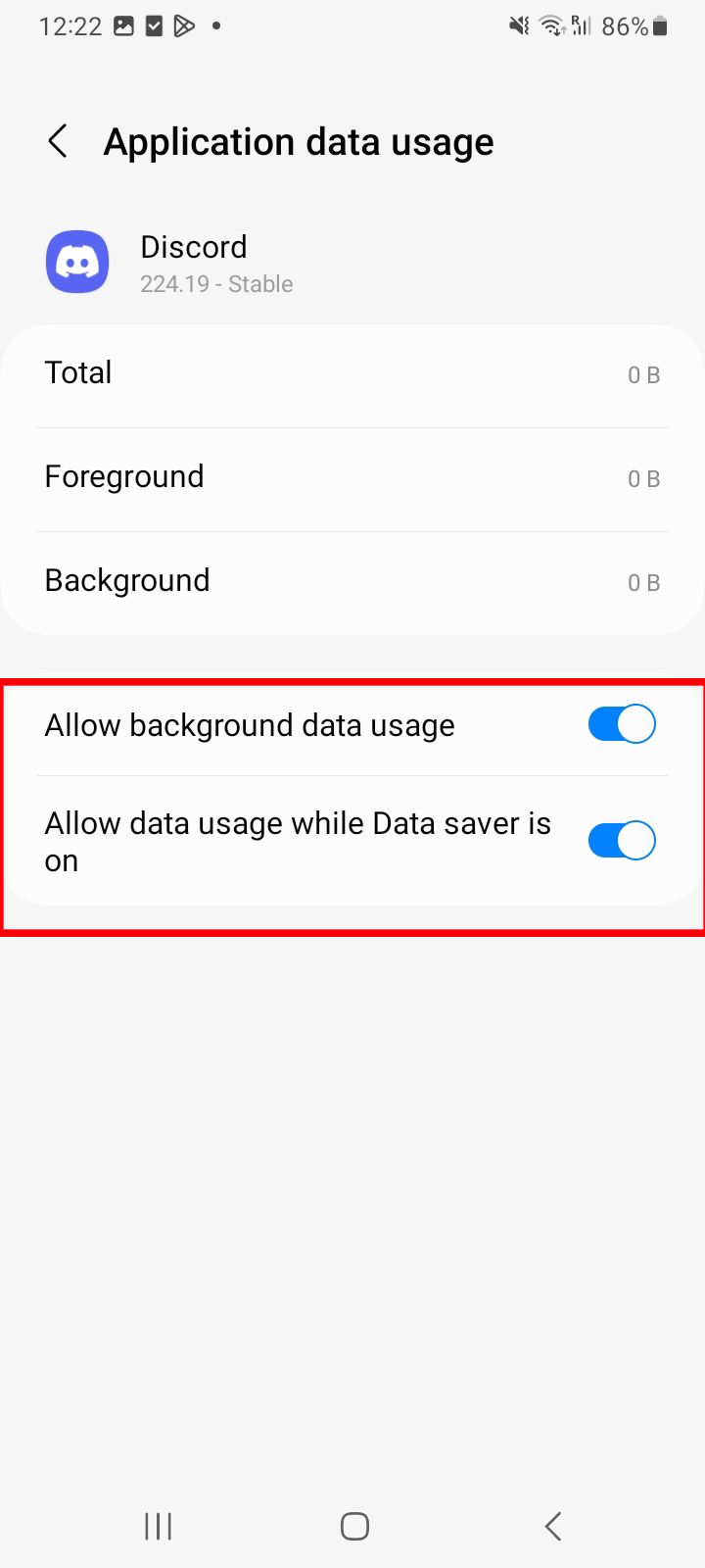 Tela de uso de dados do aplicativo Android para Discord mostrando opções para permitir o uso de dados em segundo plano e permitir o uso de dados enquanto a economia de dados está ativada