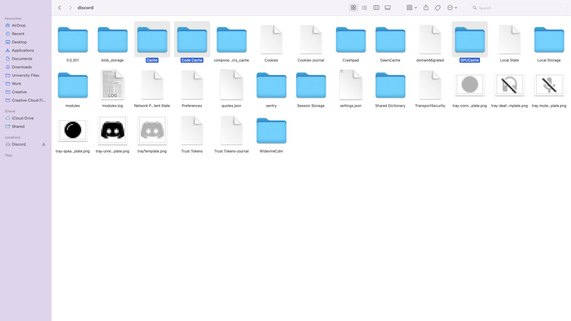 O conteúdo da pasta Discord no diretório Application Support em um Mac, mostrando vários arquivos e pastas relacionados ao aplicativo.