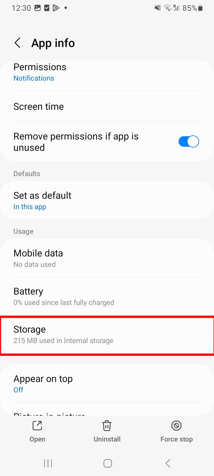 Informações do aplicativo Android para Discord mostrando o uso de armazenamento com a opção ‘Armazenamento’ destacada.