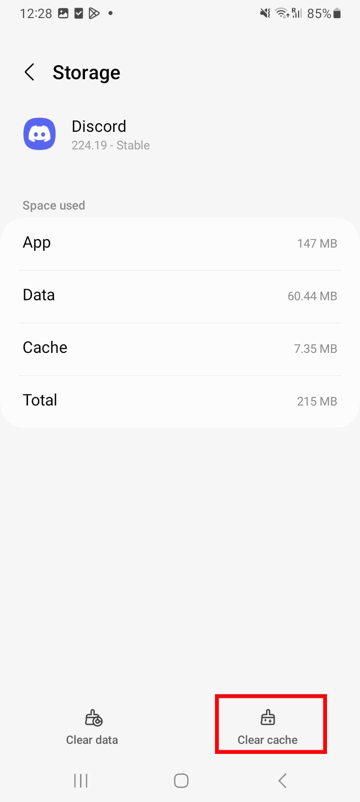 Configurações do Android exibindo detalhes de armazenamento do aplicativo Discord, com a opção ‘Limpar cache’ destacada