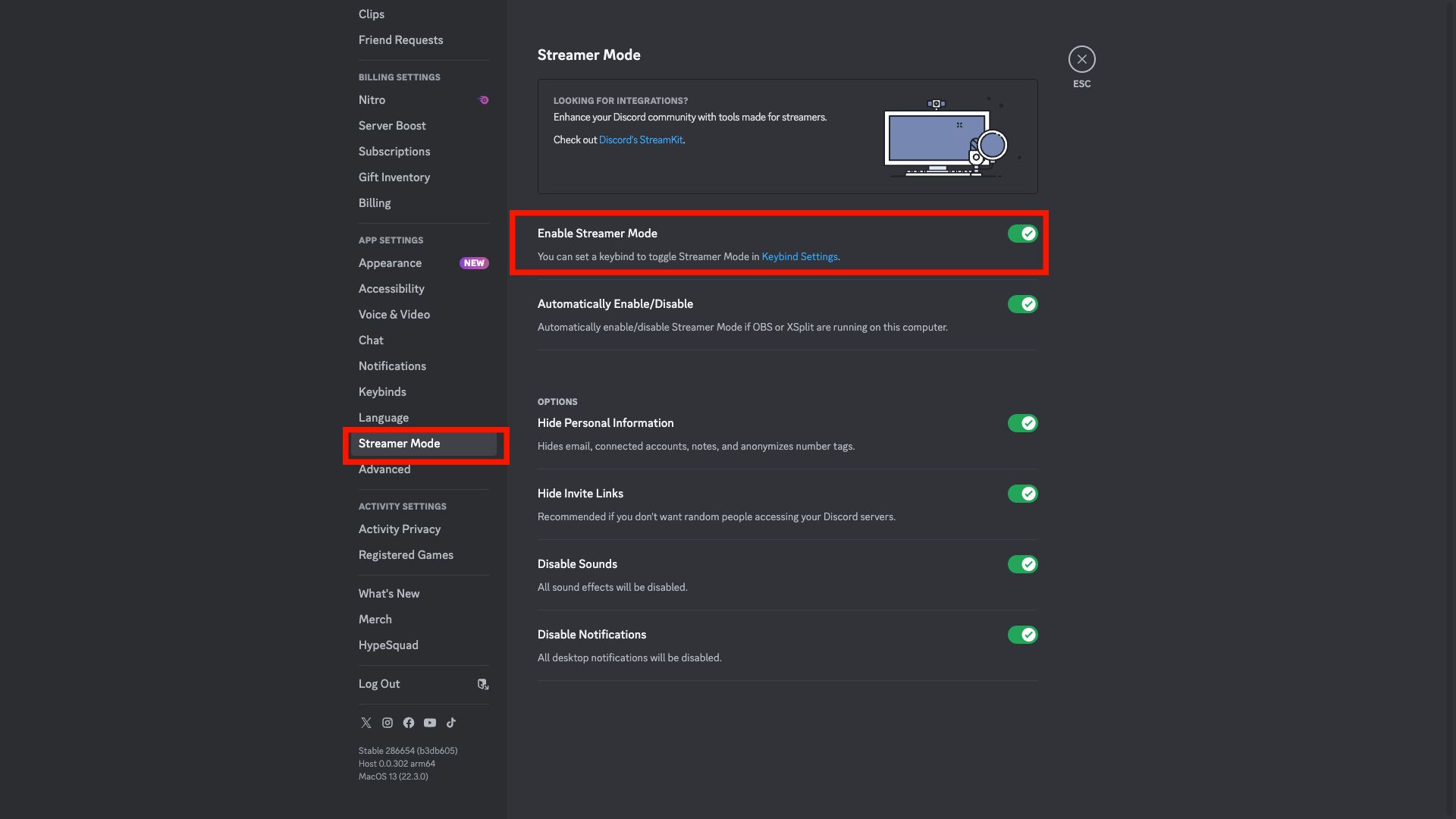   Captura de tela das configurações do modo Streamer do Discord