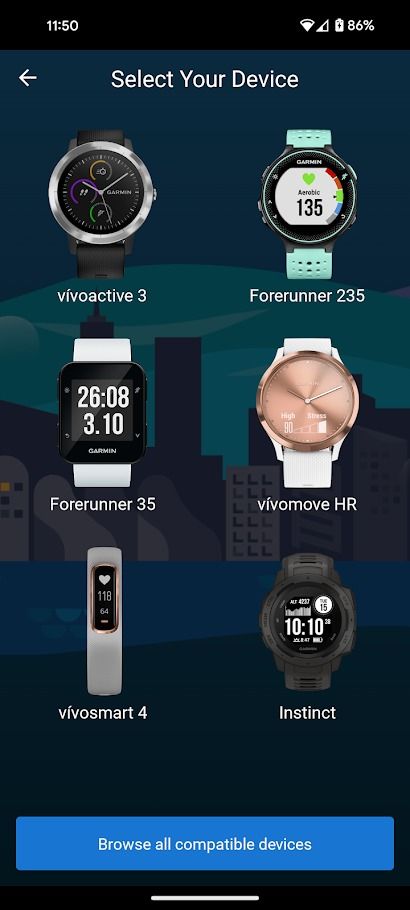 tela de seleção do dispositivo do aplicativo garmin connect