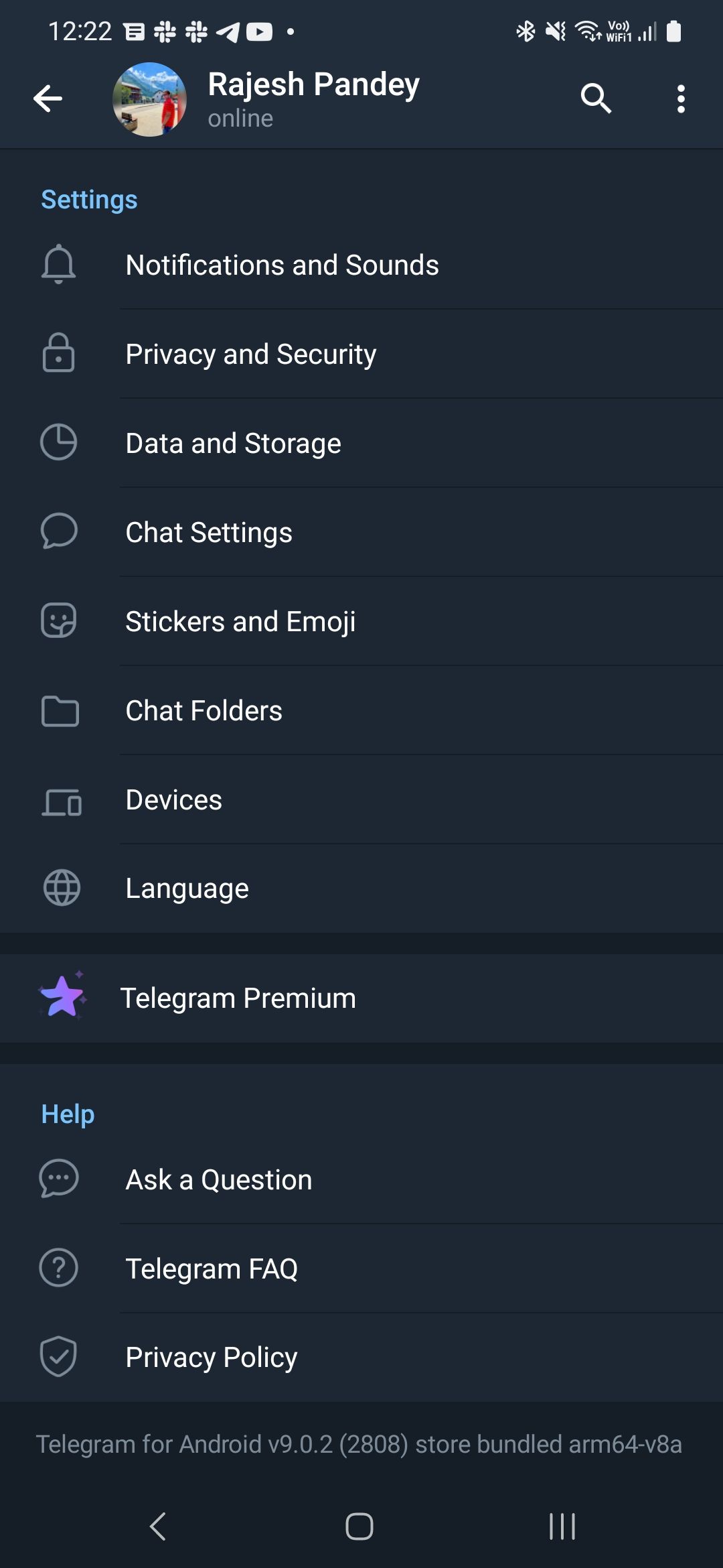 Menu Configurações do Telegram para Android