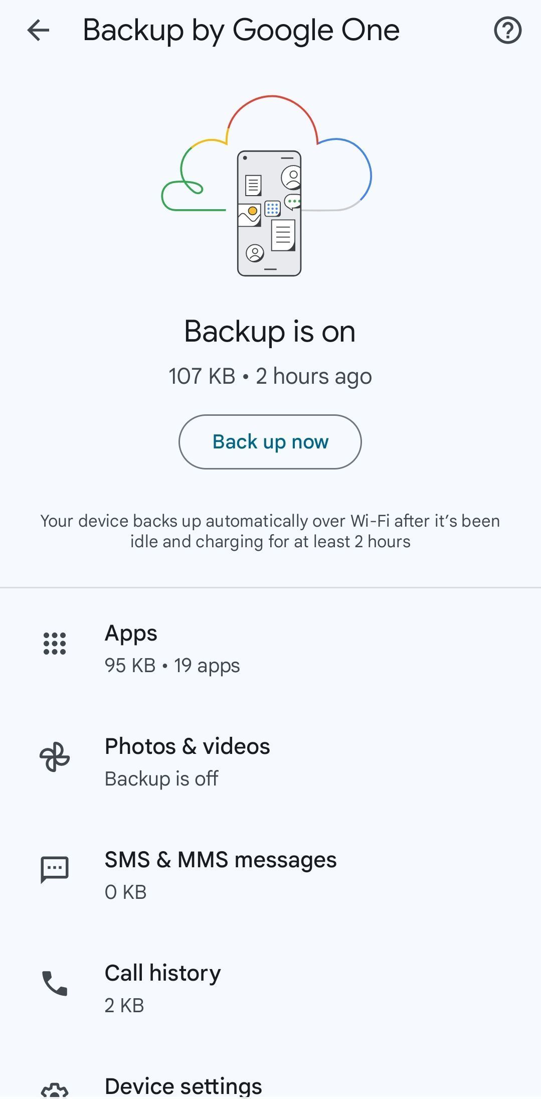 Captura de tela da opção ‘Fazer backup agora’ no Google One