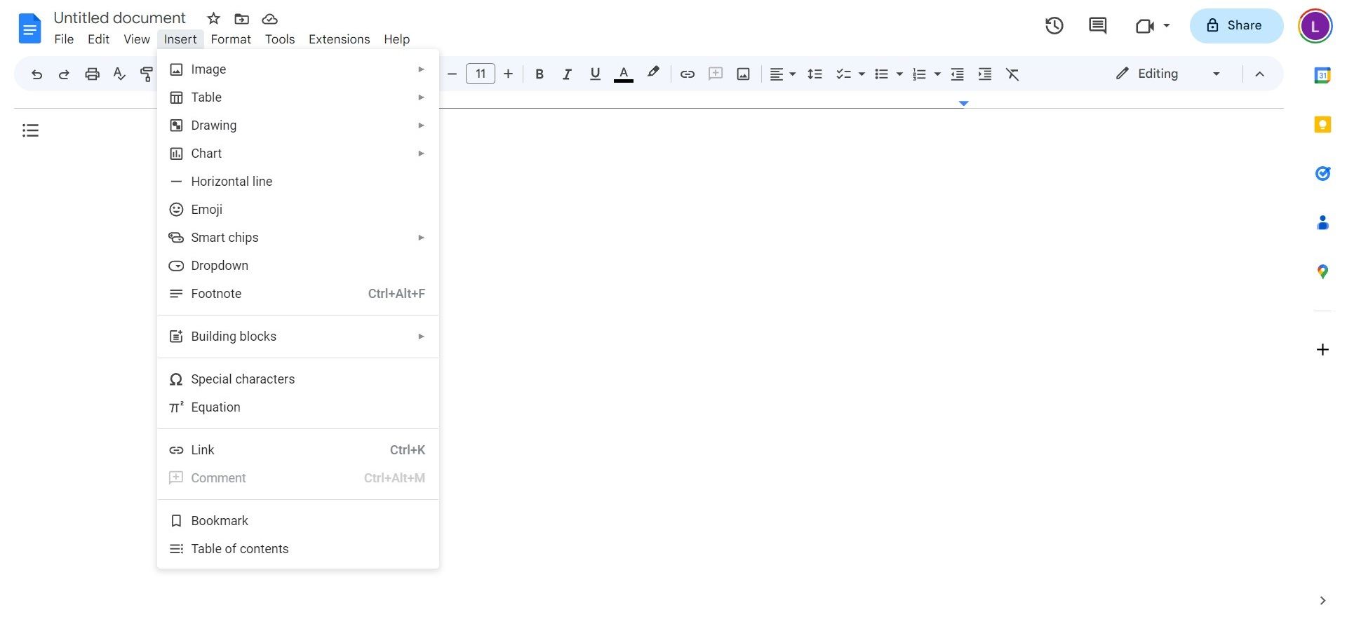 A captura de tela mostra um documento vazio do Google Docs com o menu suspenso de inserção exibido.