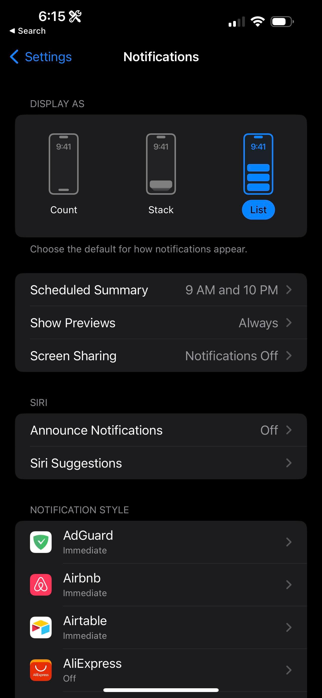Uma captura de tela das configurações de notificação do iOS no modo escuro.