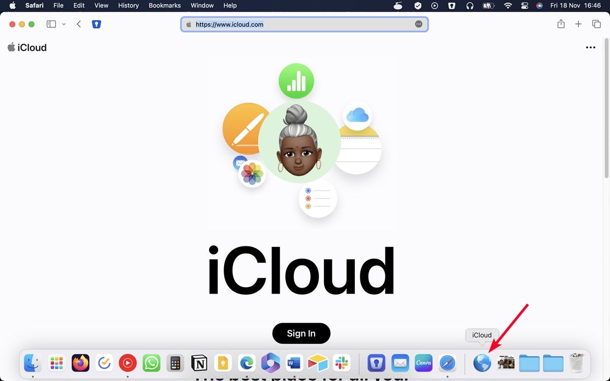 Site do iCloud fixado como um atalho no dock do MacBook