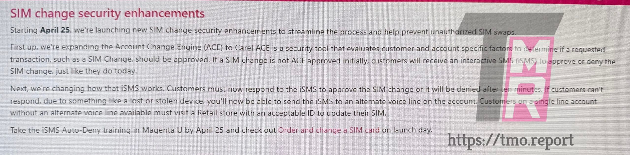 Captura de tela de uma mudança na política de segurança do SIM da T-Mobile