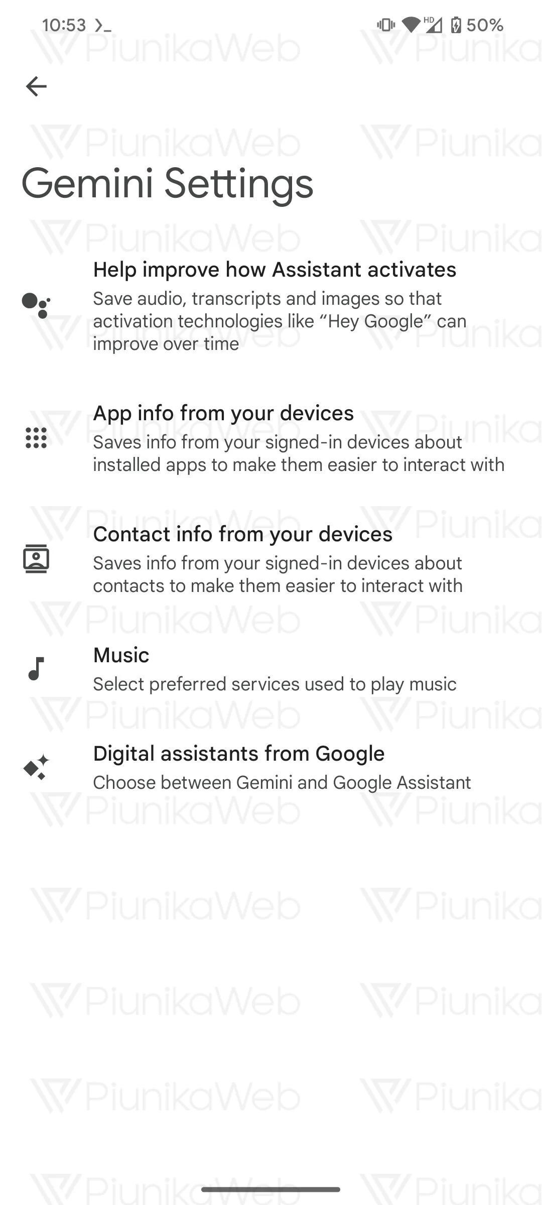 Opção de música nas configurações do Android Gemini