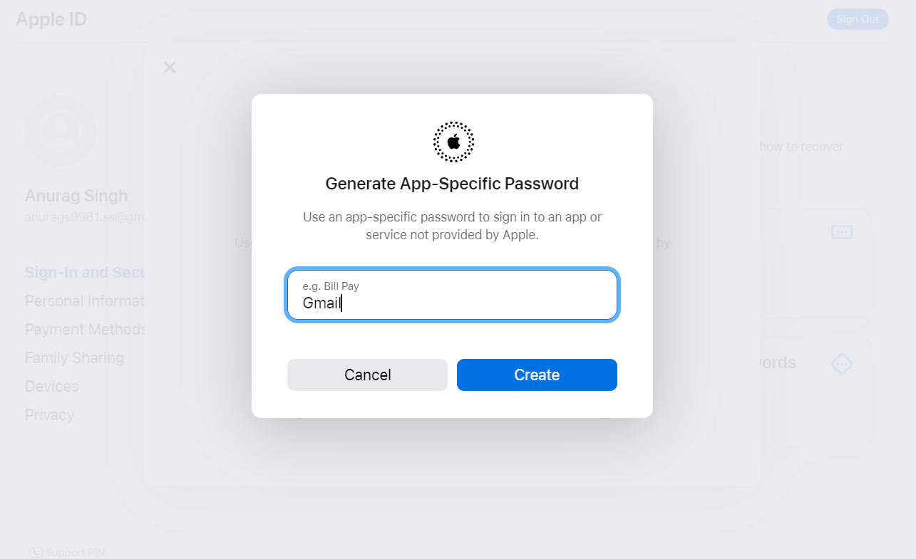 Criando senha específica do aplicativo usando Apple ID