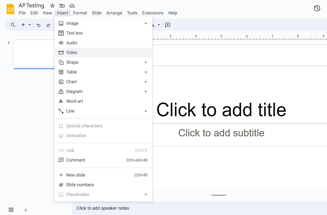 Captura de tela mostrando o menu Inserir do Apresentações Google