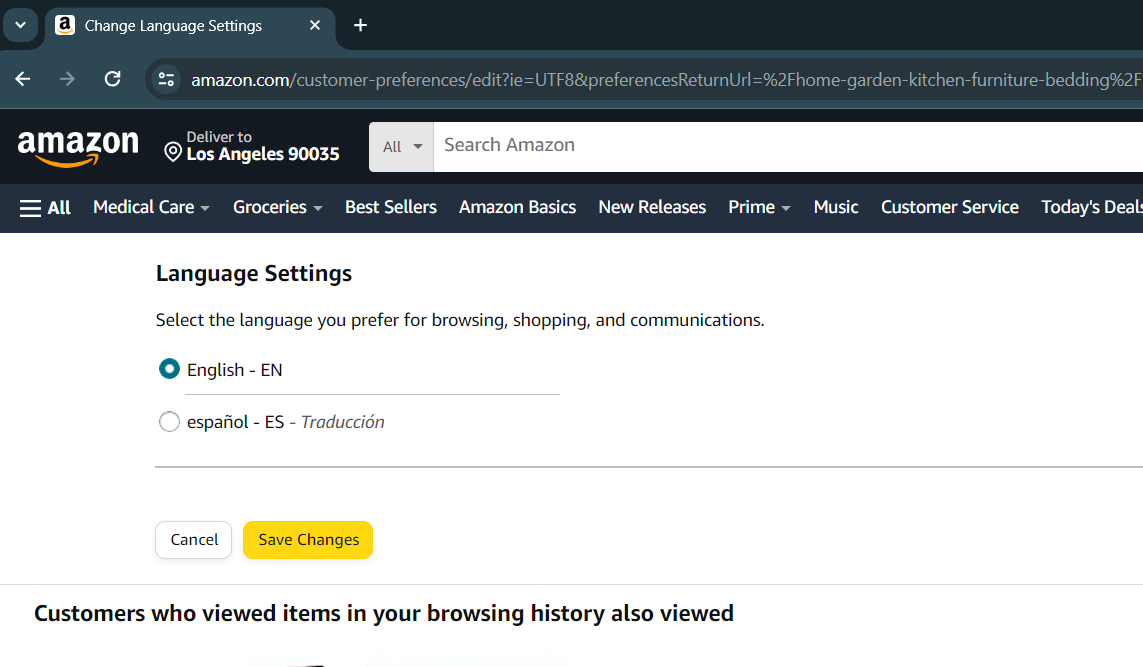 Capturas de tela mostrando configurações de idioma no desktop Amazon
