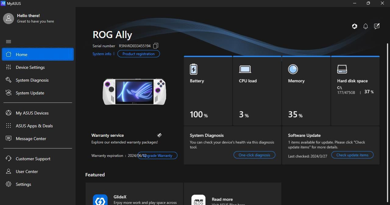 Captura de tela do menu lateral do aplicativo ROG Ally MyASUS