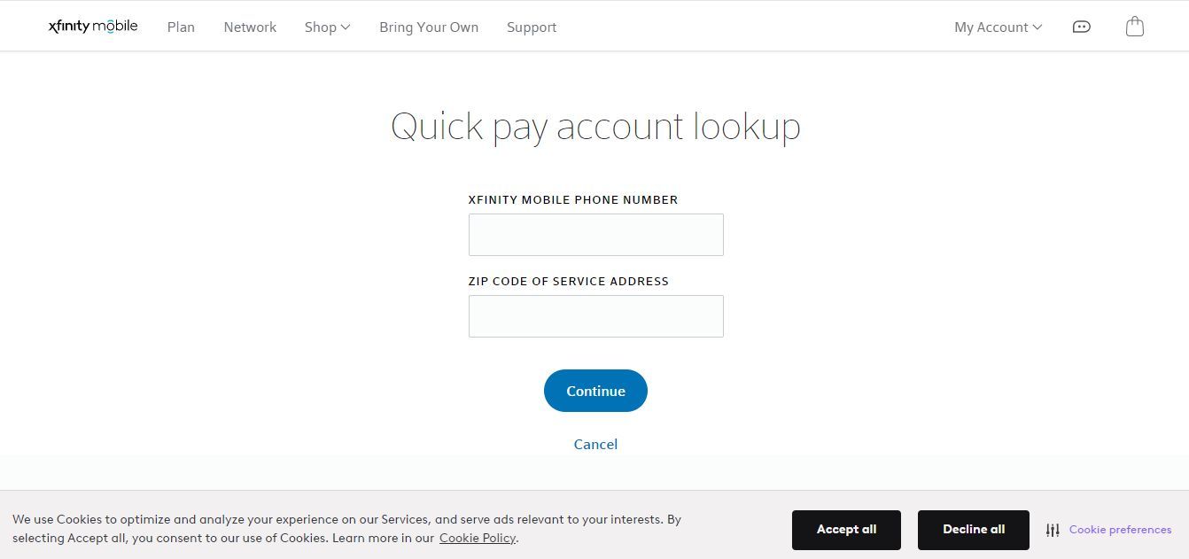 Captura de tela da página de pesquisa rápida de contas de pagamento do Xfinity