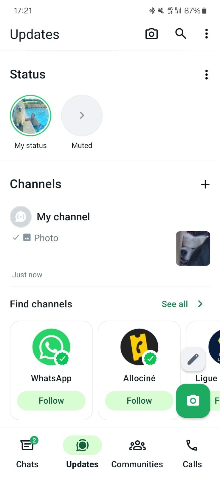Captura de tela do WhatsApp mostrando a guia Atualizações