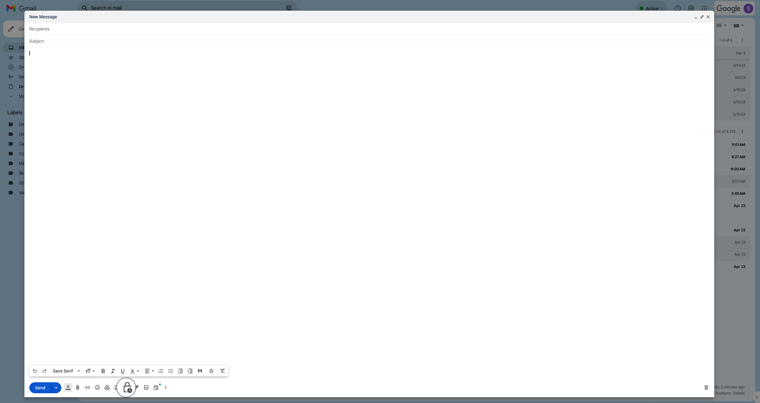 Uma captura de tela da janela do compositor do Gmail com o ícone do modo confidencial ampliado