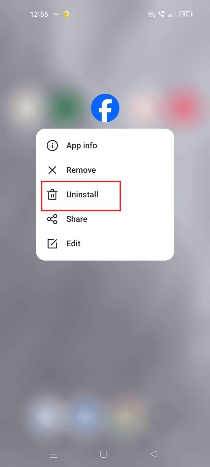 Captura de tela destacando a opção Desinstalar no Android
