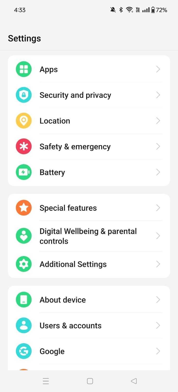 tela de configurações do OnePlus