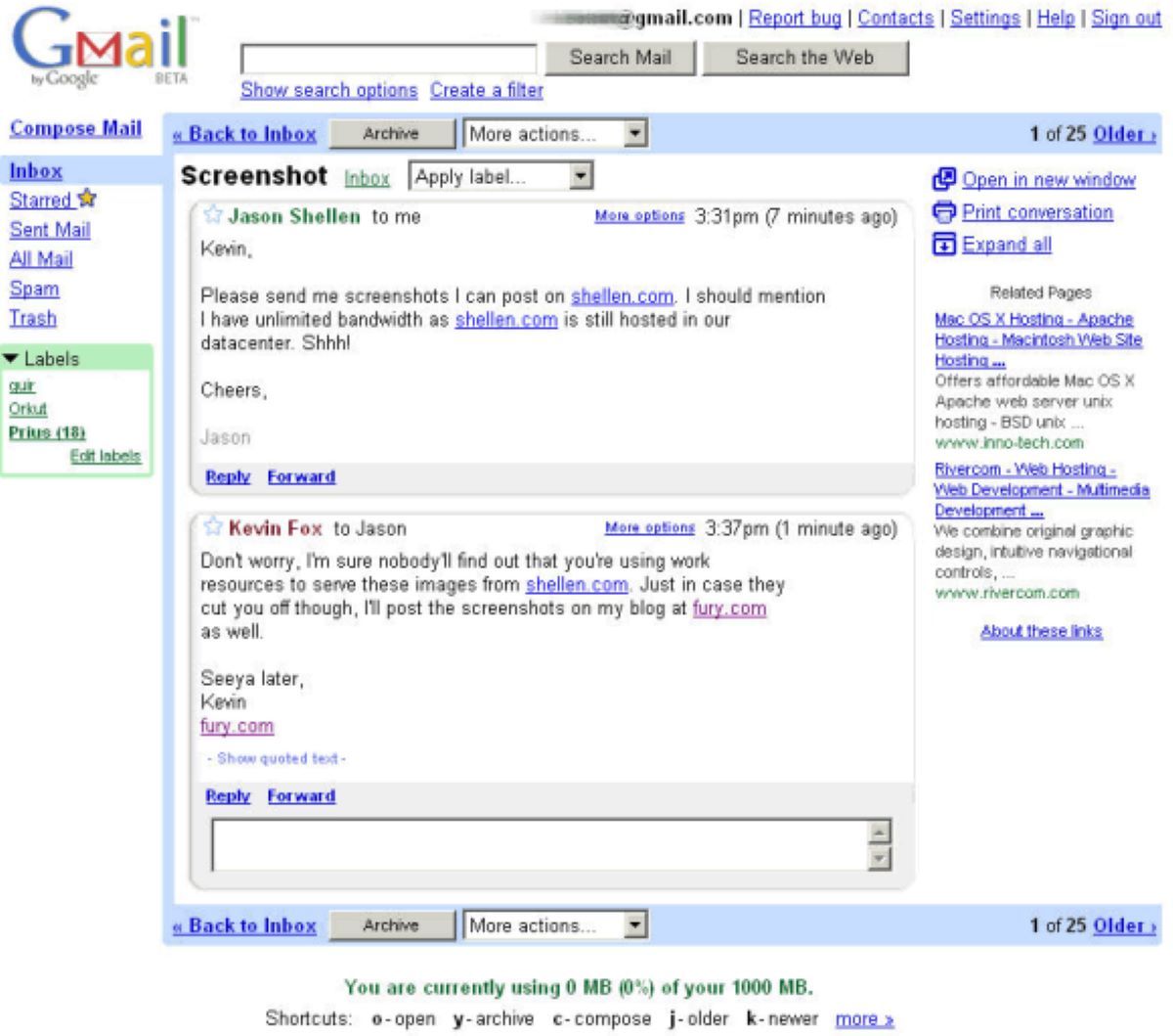 A interface original do Gmail de 2004.