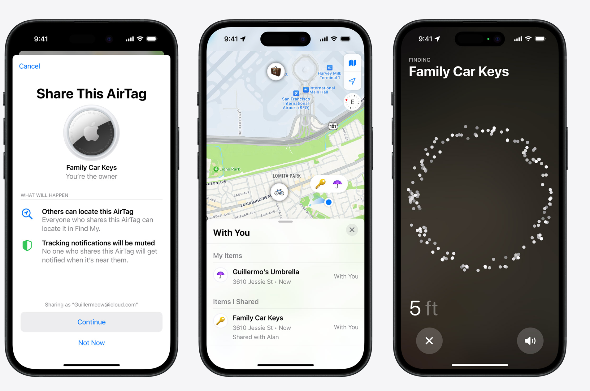 Três renderizações do iPhone mostrando o recurso de compartilhamento AirTag da Apple no iOS 17